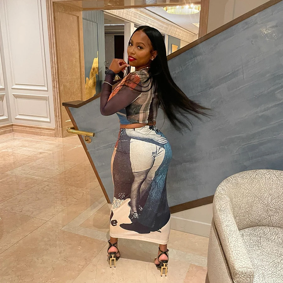 K22S21829 Printed Mesh Shirt Match Midi Skirt 2 Pieces Outfit Party Clubwear Women Two Piece set