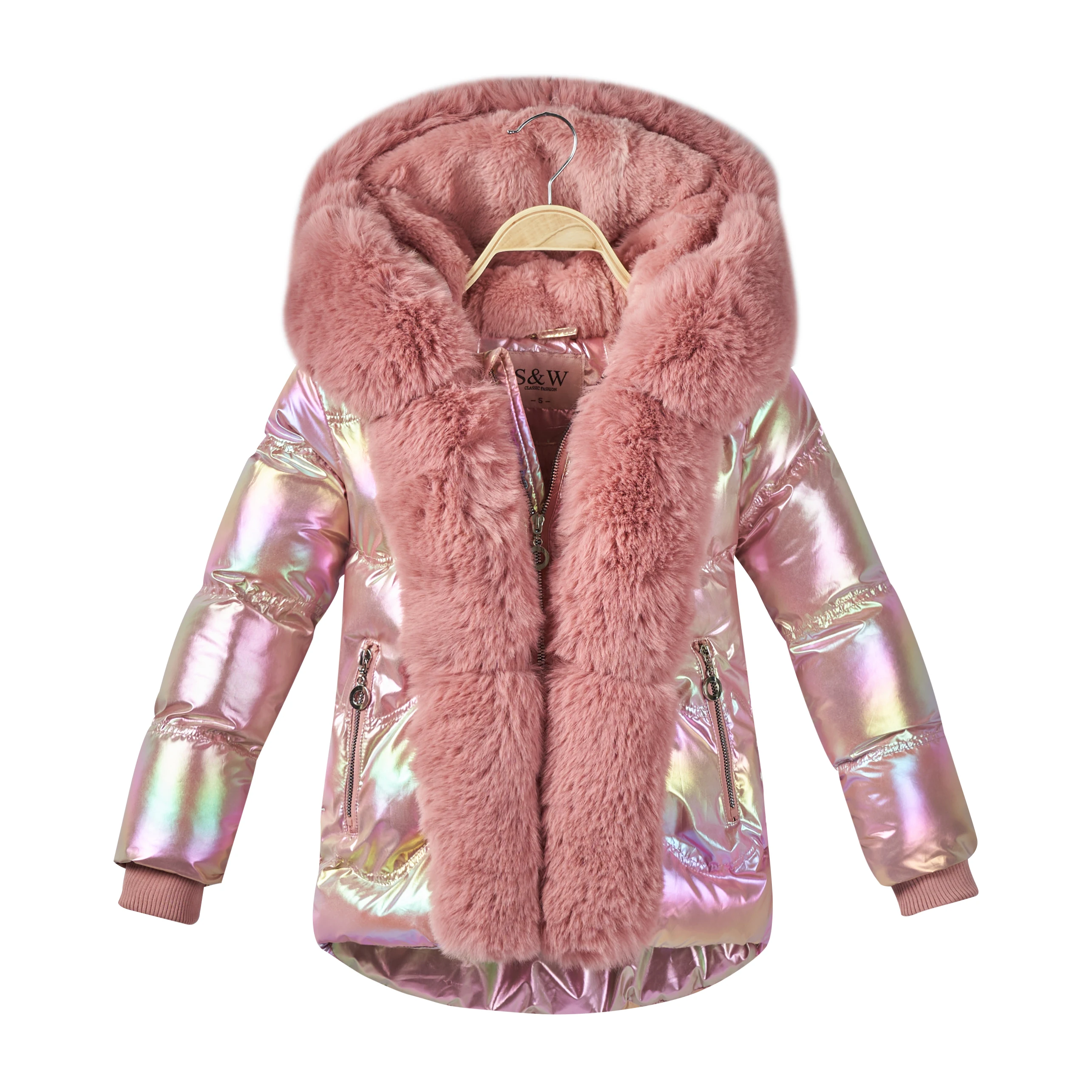 2023 Custom Polar Girls Fleece Jacket Kids Fox Fur Sequin Puffer Coat Clothes Children Shiny Jacket