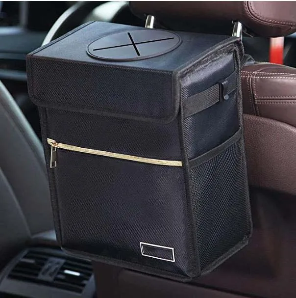 
Car Trash Can with Lid Waterproof Auto Garbage Bag Hanging for Headrest Leak-Proof Car Garbage Can with Storage Pockets 