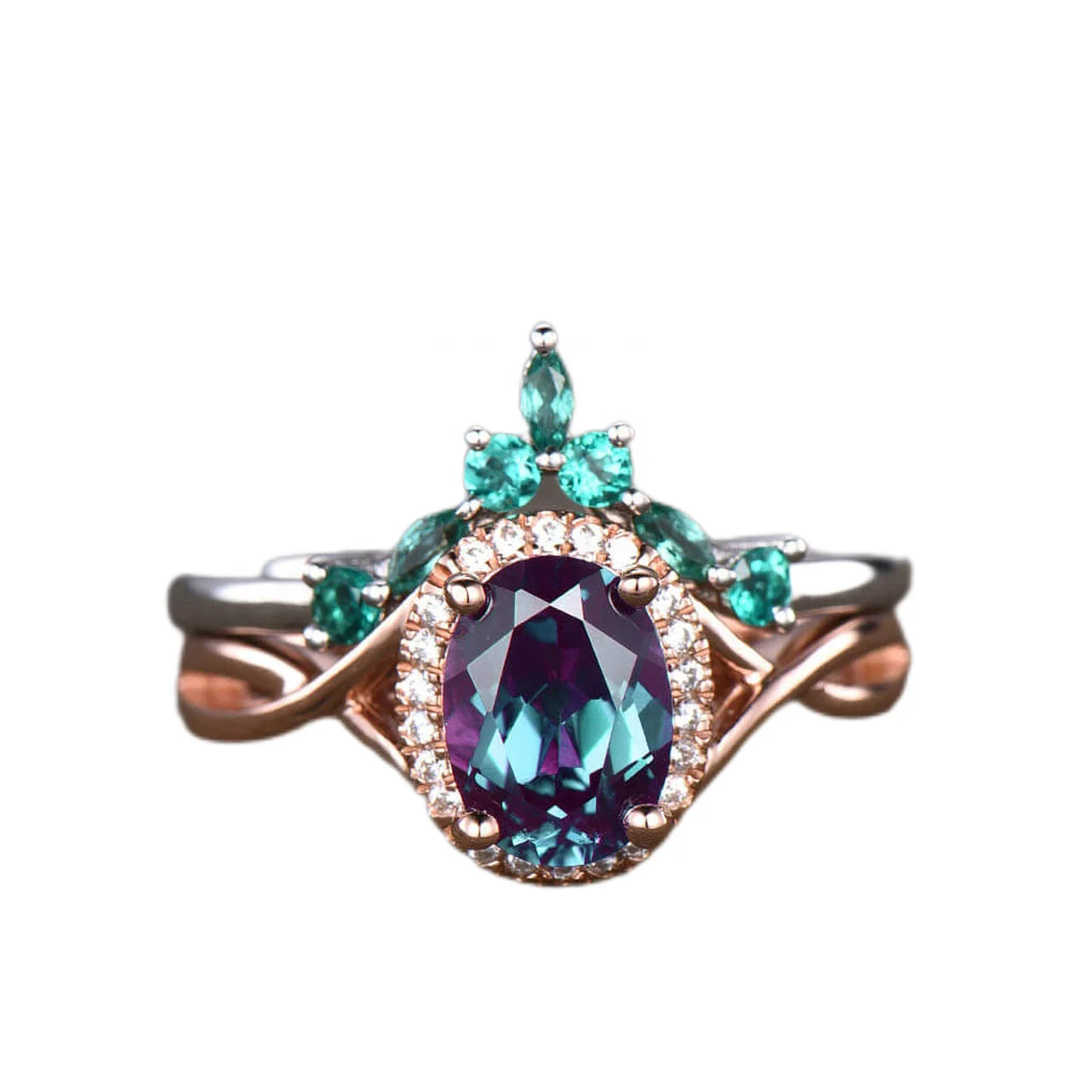 925 Sterling Silver Oval Shape Alexandrite With White Zircon Halo Bridal Wedding Ring Set