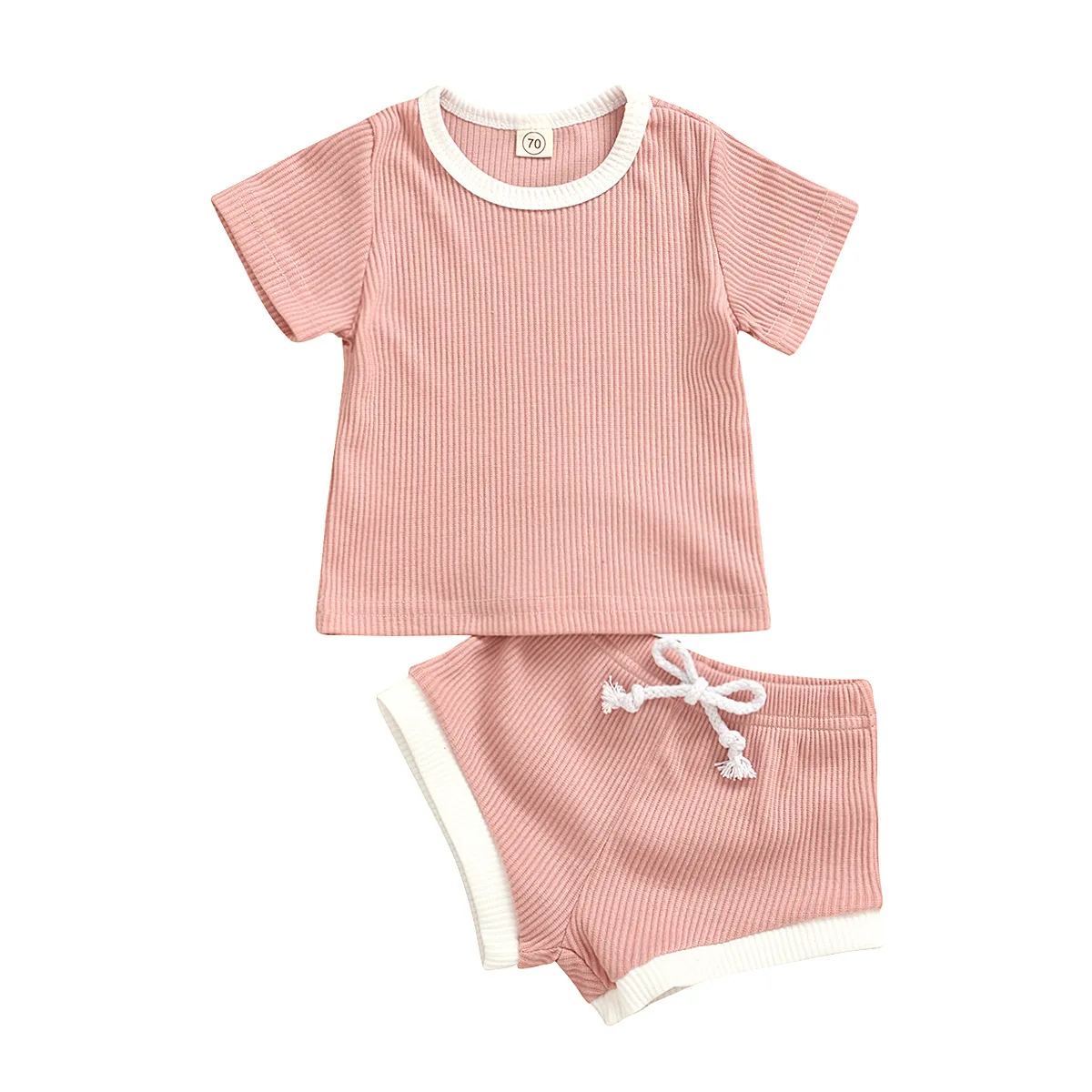 Summer Two-Tone Baby Clothes Sets Knit Rib Cotton Short Sleeve Tee Shirts Match Wide Leg Shorts Baby Girl Outfits