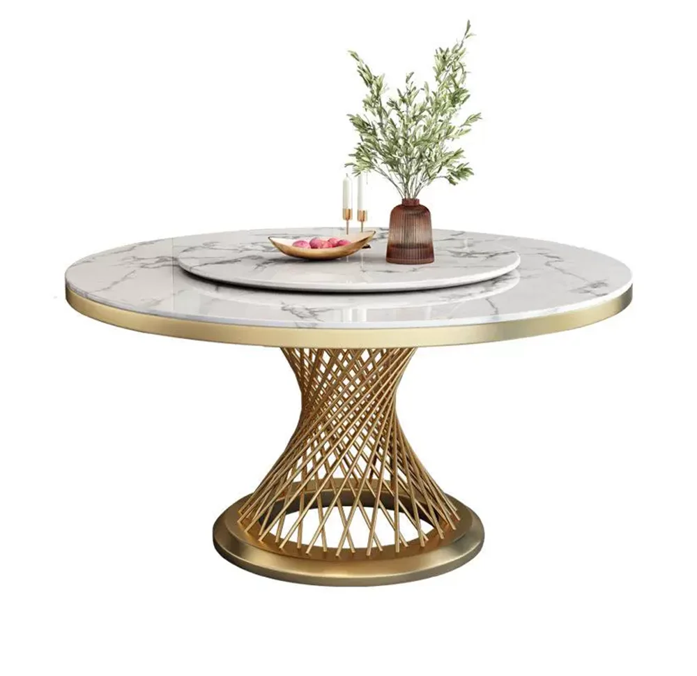Hot Sale New Modern Design Dining Room Kitchen Furniture Sintered Stone Table top gold Metal Base Round Dining Table Set