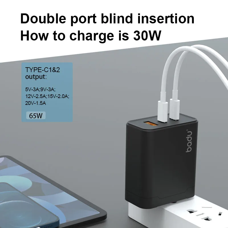 Gan Technology 65W Mini Wall Charger Dual Type-C Port 65W Fast Charging Adapter