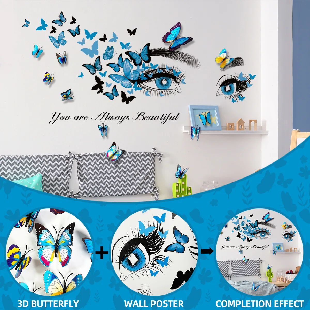 Simple Blue Beauty Eyes Flying Butterfly Wall Stickers Plus 12 3D Blue Butterfly Stickers Decorative Wall Stickers