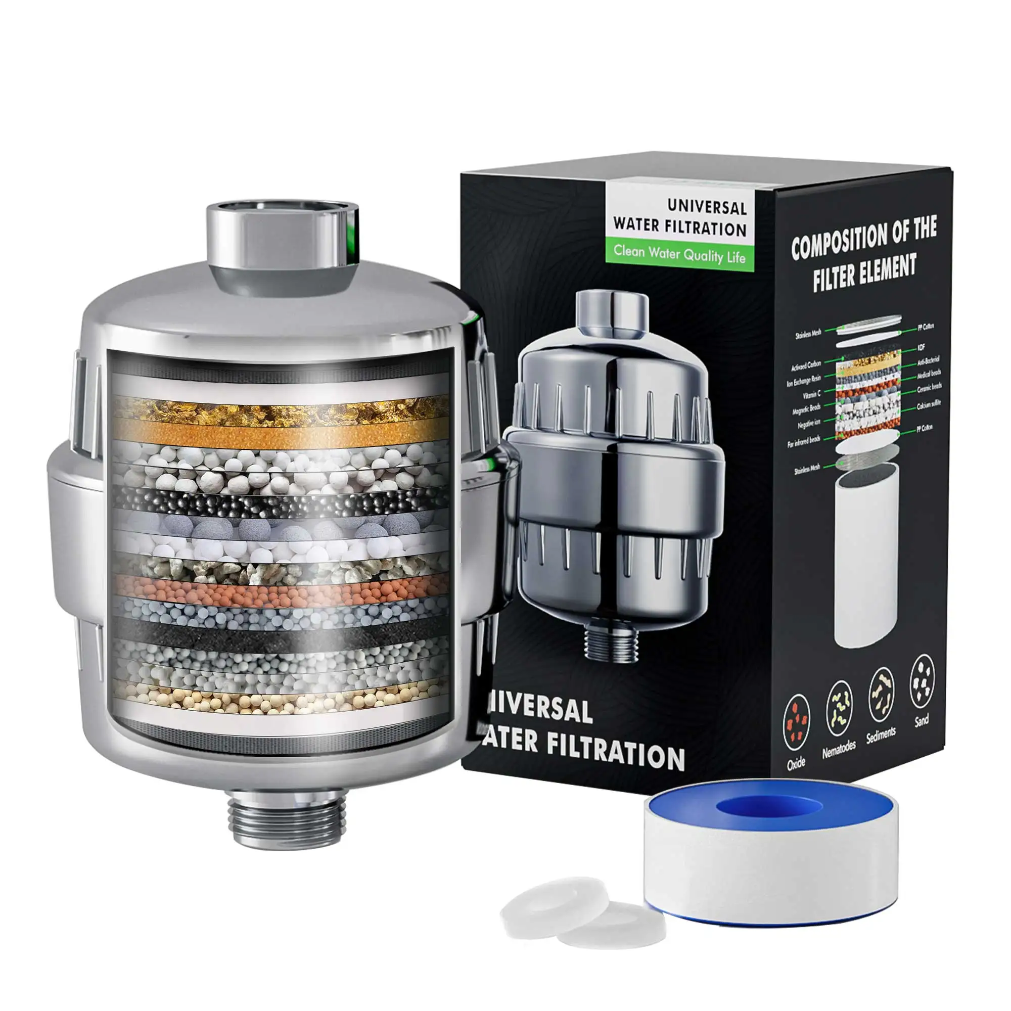 15, 18, 20 ступеней, хромированная универсальная ионная душевая головка, фильтр с металлическим минеральным удалением хлора для спа-жесткой воды