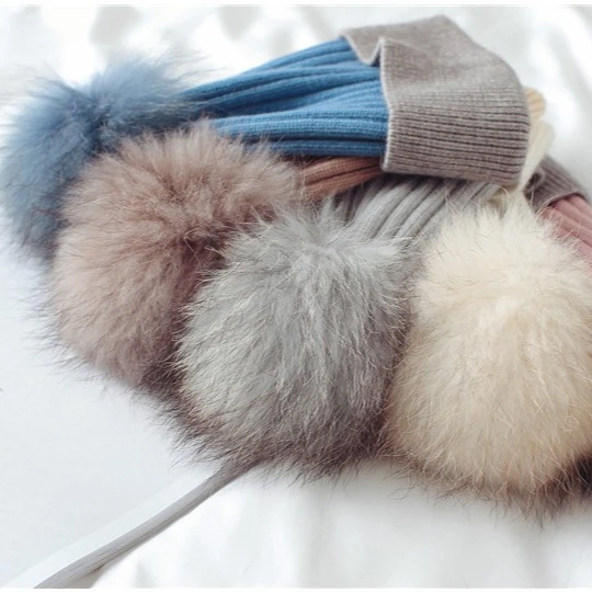
Winter Beanie Hats With Fox Ball Fashion Hat For Women Big Ball Two Color Stripe Knit Hat 