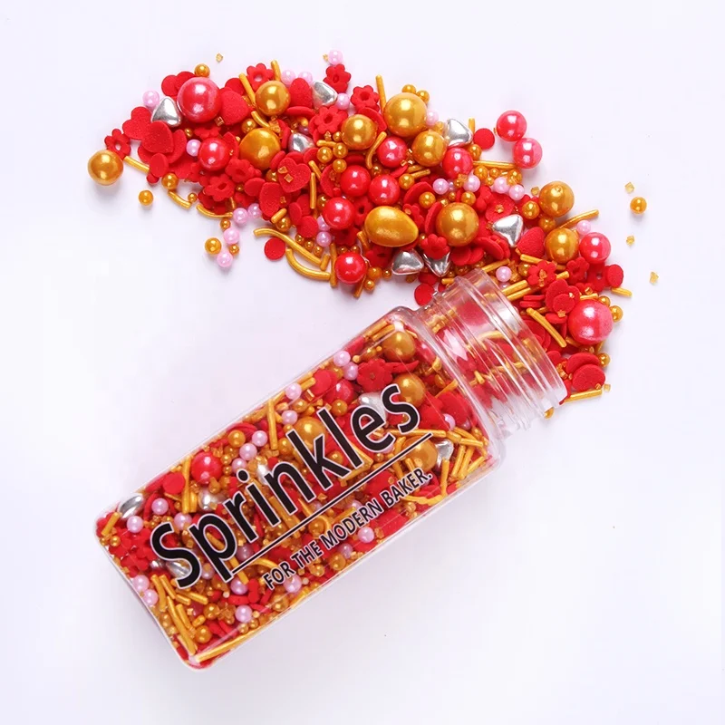 Lovebakery Edible Sugar Pearls Red Heart Shaped Confett Edible Gold Silver Cake Sprinkles Cake Decorations for Valentine Cakes
