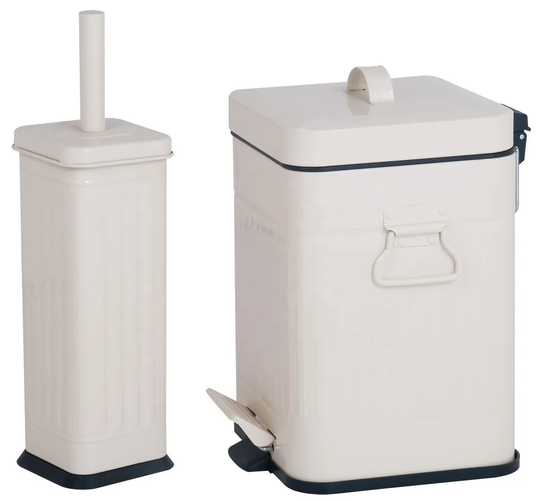 Home Kitchen Metal Pedal Ribs Square Metal Trash Can And Toilet Brush Holder Set