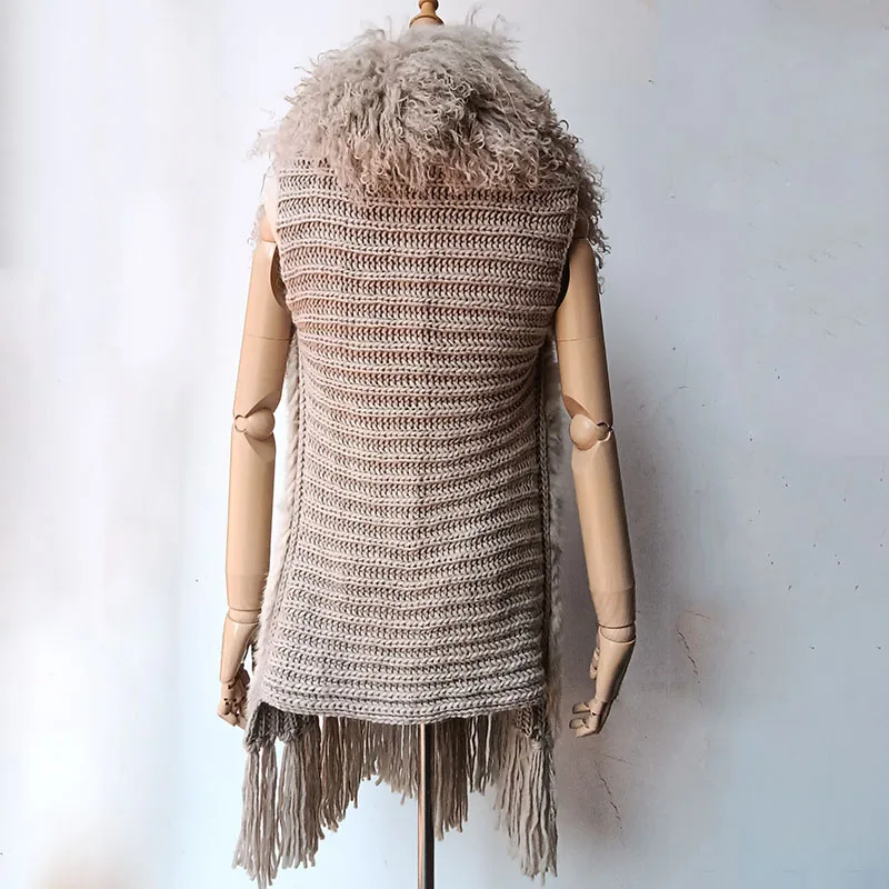 Real Rabbit Fur Vest With Mongolia Sheep Collat Women Long Elastic Knitted Fur Gilet Ladies Spring 2024 Fashion Vests