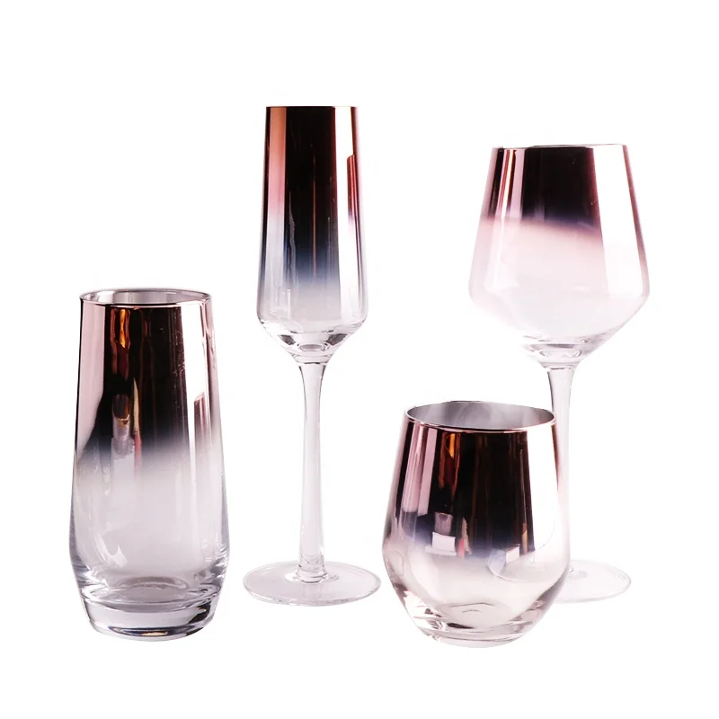 Telsen Hot Selling Customized Handblown Chandon Champagne Electroplated Gold Pink Wine Goblets Glass