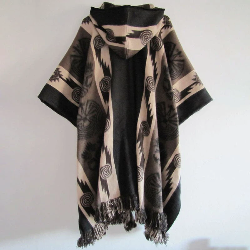 Tribal Native American Hoodie Custom Hooded Poncho Pullover Unisex Aztec Wool Poncho Fringed Southwestern Print Hooded Poncho