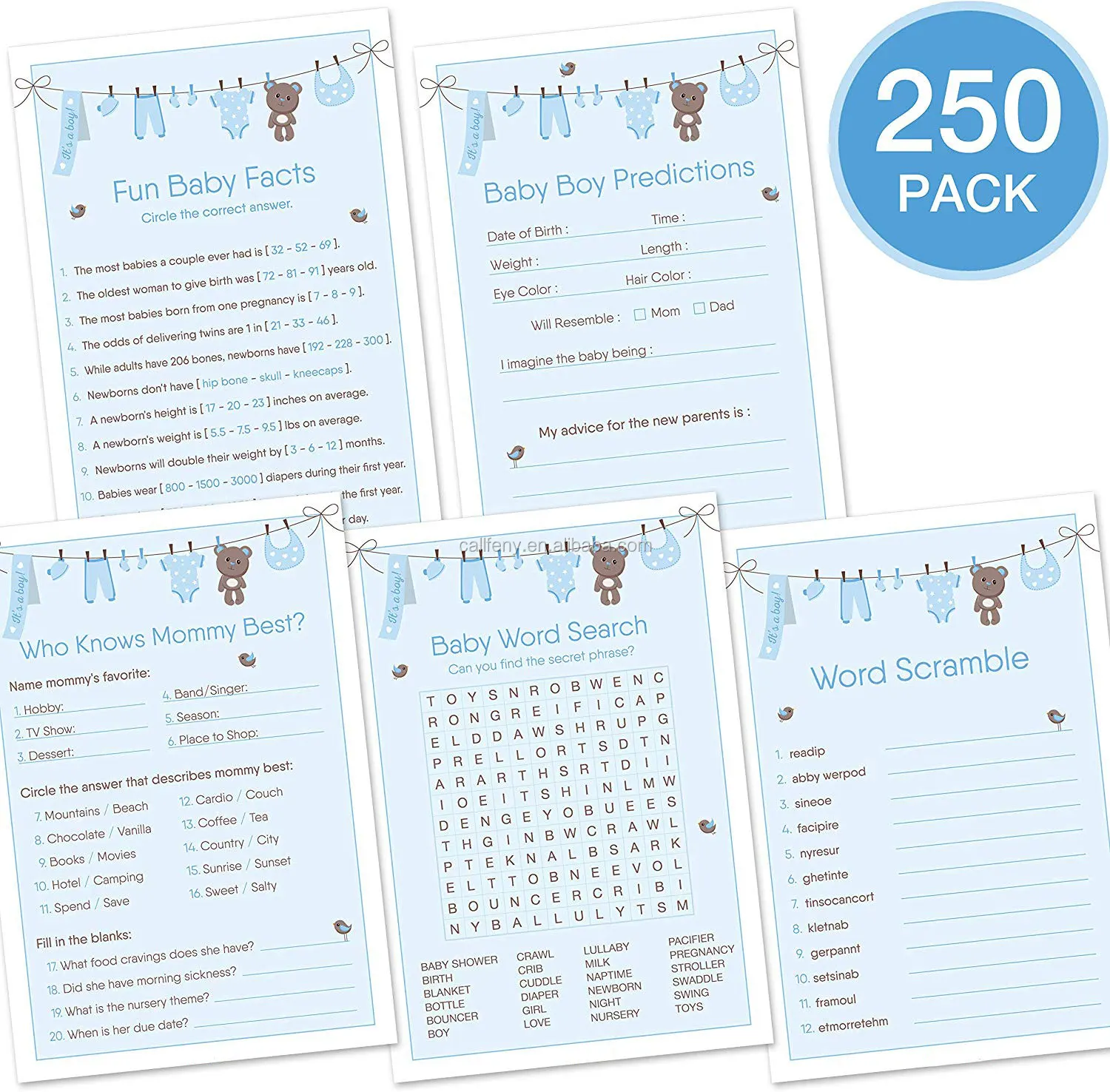 Детские праздничные украшения для мальчиков, игры для будущей матери для мальчиков, включая набор из 5 мероприятий, по 50 карт, 250 упаковок