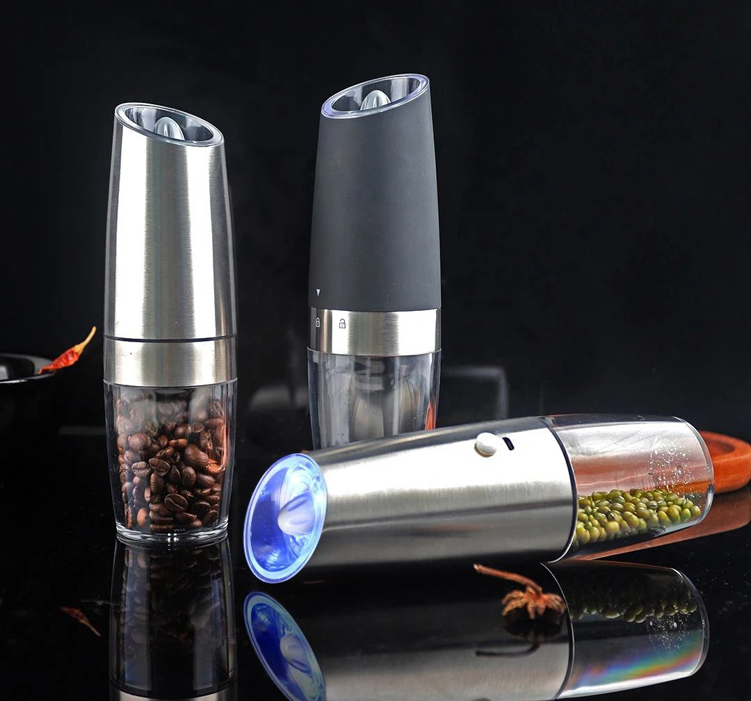 silver battery powered with LED light automatic operation stainless steel gravity electric mill pepper and salt grinder