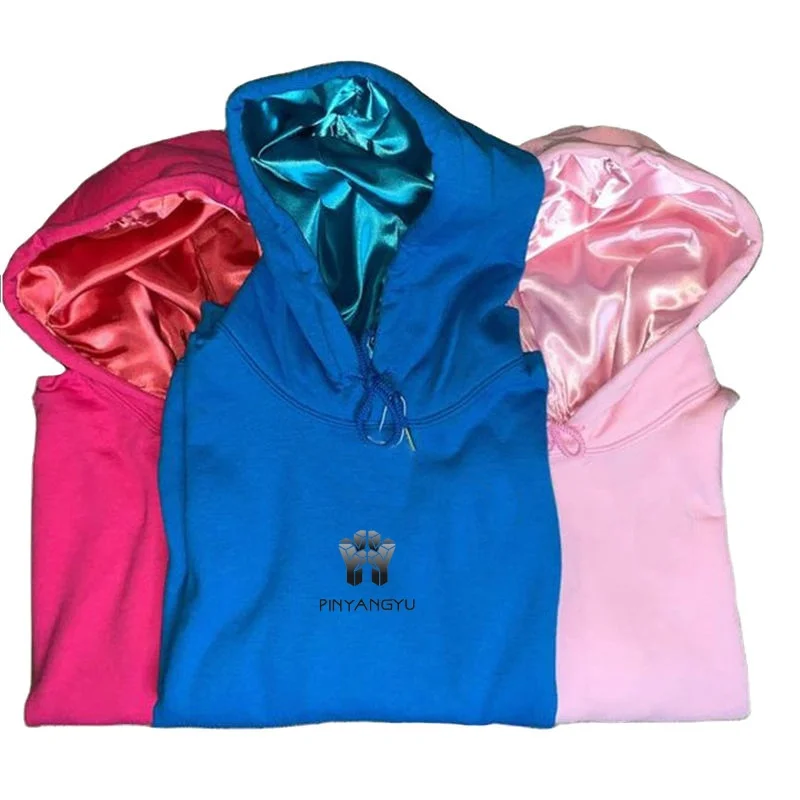 Hot Sale Custom Logo Hoodies Satin Silk Lined Hat Hoodie Pullover Long Sleeve Satin Lined Men Hoodie