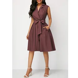 Good quality plus size women clothing elegant ladies dress sleeveless belted business dress A line midi career office dress