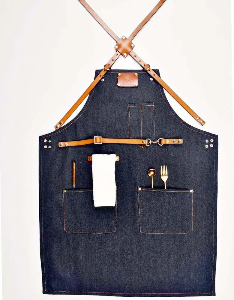 Best Selling Barista Baker Bartender BBQ Chef Uniforms Apron Denim Leather Strap Bib Apron