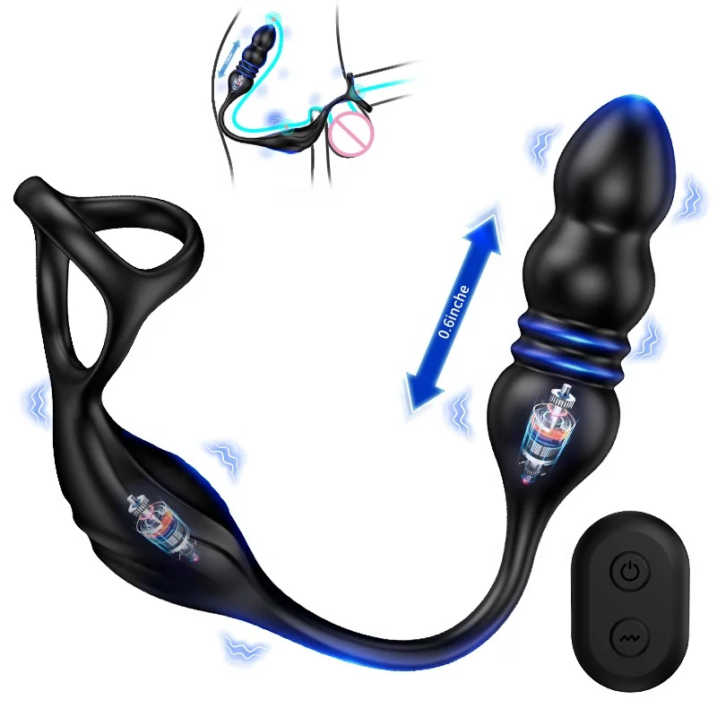 Anal Plug Male Sex Toys 3 in 1 Prostate Massager with Telescopic Cock Ring Telescopic Anal Beads Remote Control Anal Butt Plug