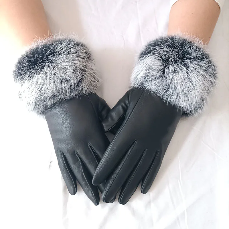 2024 Women Winter Real Sheepskin Gloves With Real Fur Cuff Warm Ladies Genuine Fur Trim Leather Glove Female Fashion Hand warmer