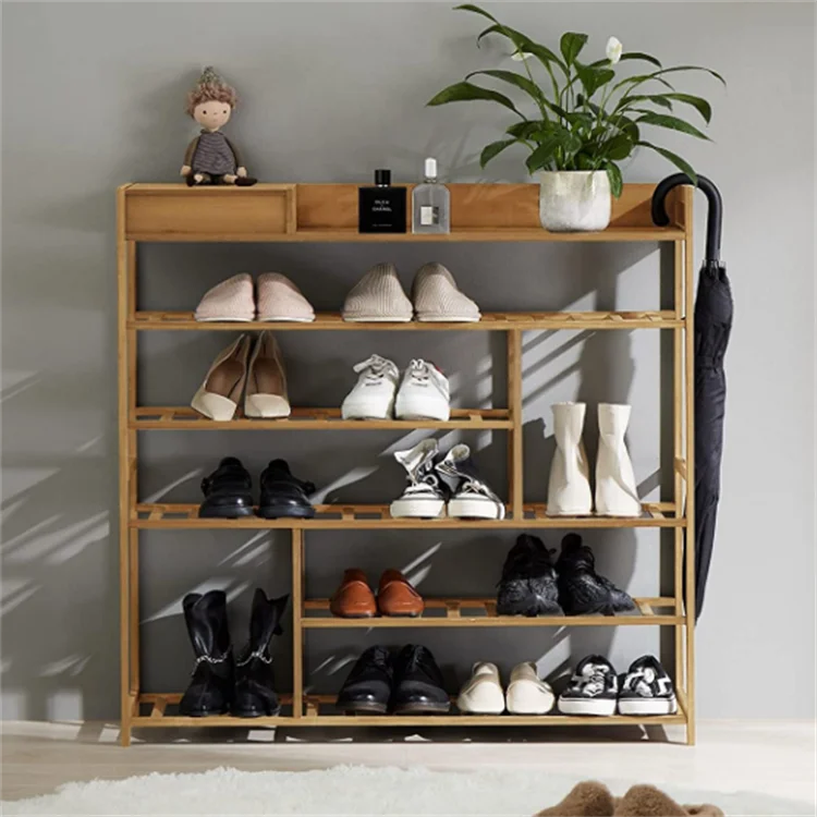 Natural wood household entryway storage box shoe cabinet 5-tier bamboo shoe rack for entryway