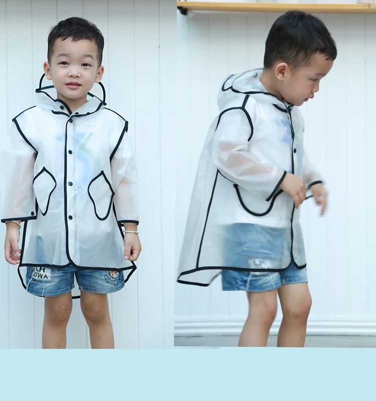 Custom Recyclable Waterproof Hooded transparent EVA Plastic kids Raincoat