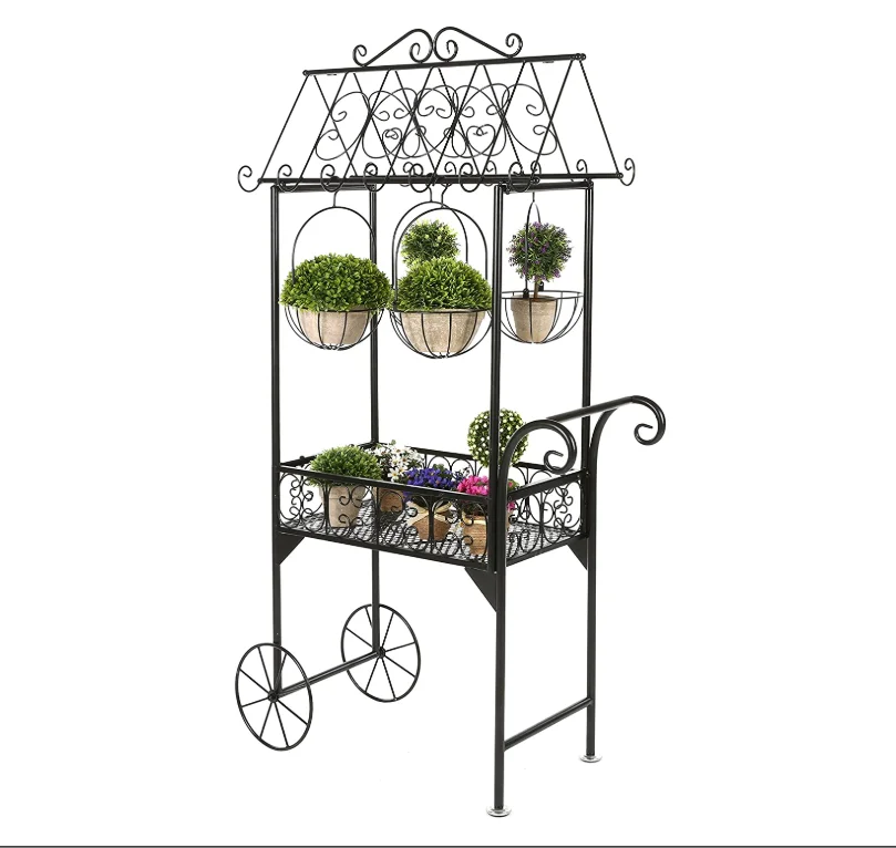 Freestanding swirling decorative floor plant shelves, rustic trolley-style hanging flower baskets decorative/personalized shelve
