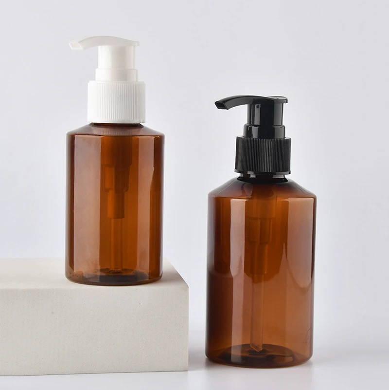 Empty Plastic Oblique Shoulder Amber Green Shampoo Skincare Lotion Bottle With Screw Pump Dispenser Cap 50ml 100ml 150ml 200ml