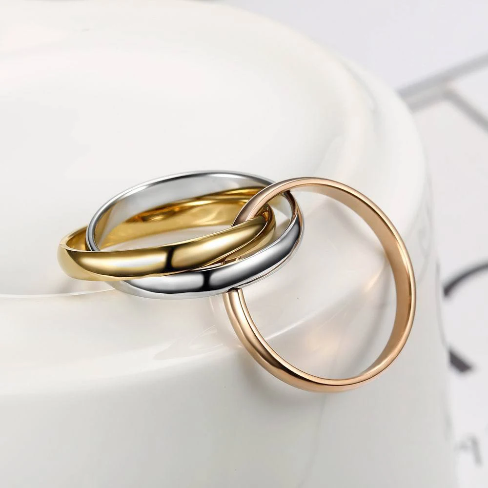 Fashion Custom Jewelry 18K Gold Plated Color Block Triple Rolling Ring Women Titanium Steel Rings
