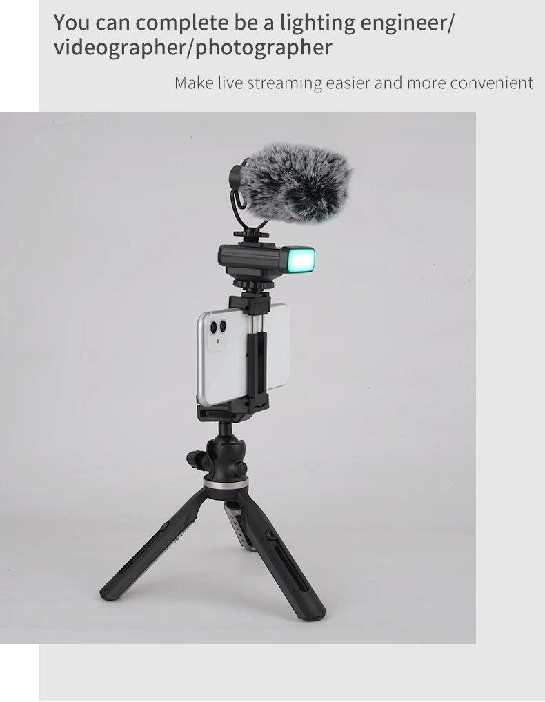 Portable Broadcast Equipment Vlog Device Stabilizer Phone Mount with LED Light and Microphone