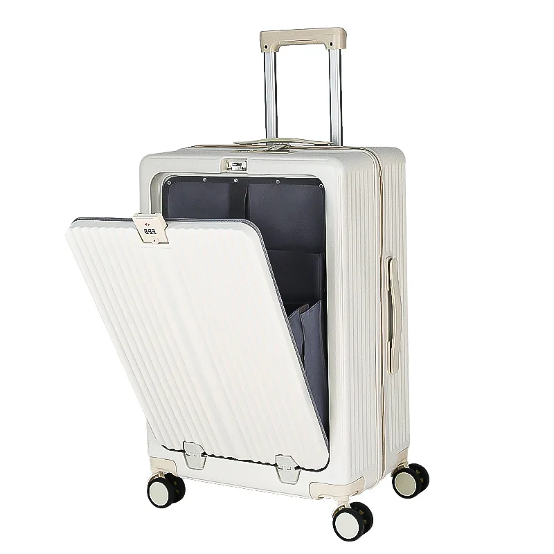 2024 Wholesale Multifunction Front Open Luggage with Laptop Cup Holder USB Charging Port Trolley Travel Suitcase
