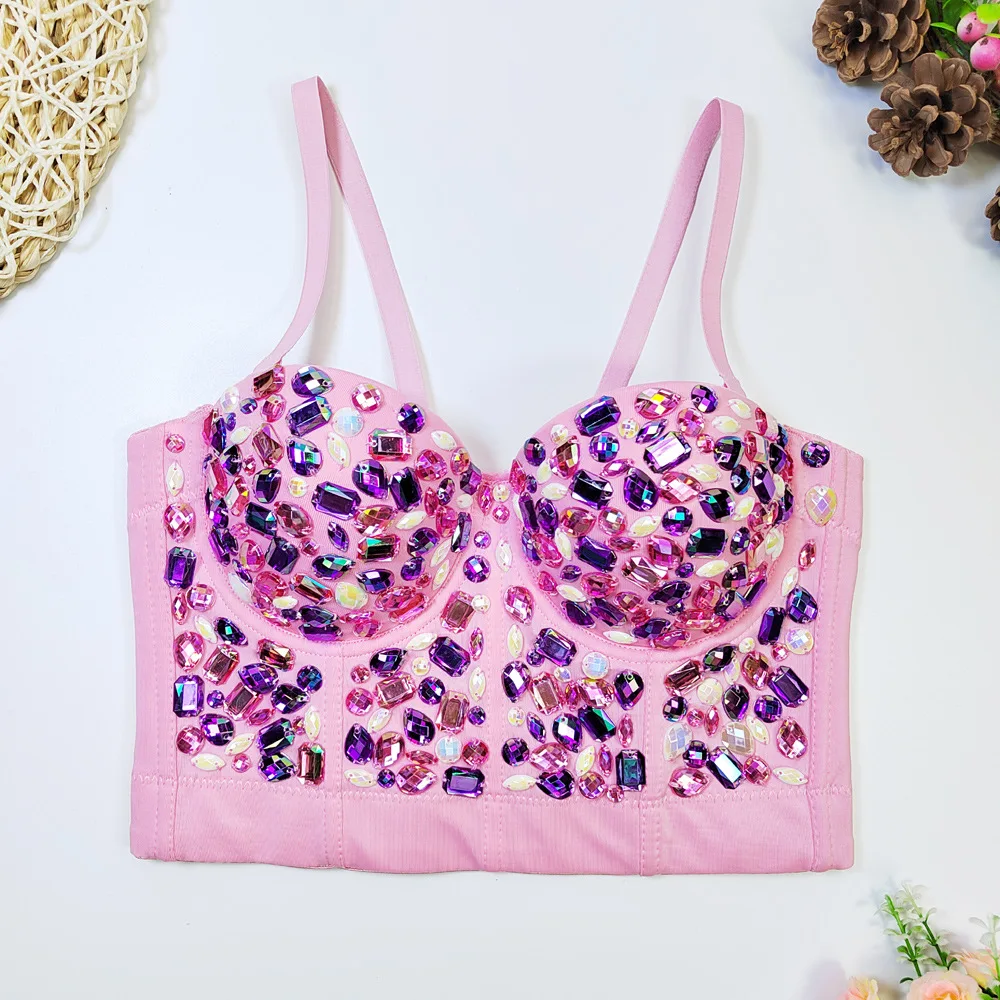 wholesale full rhinestone diamond acrylic luxury ladies boned underwire sexy dance show crop short crystal corset top for women