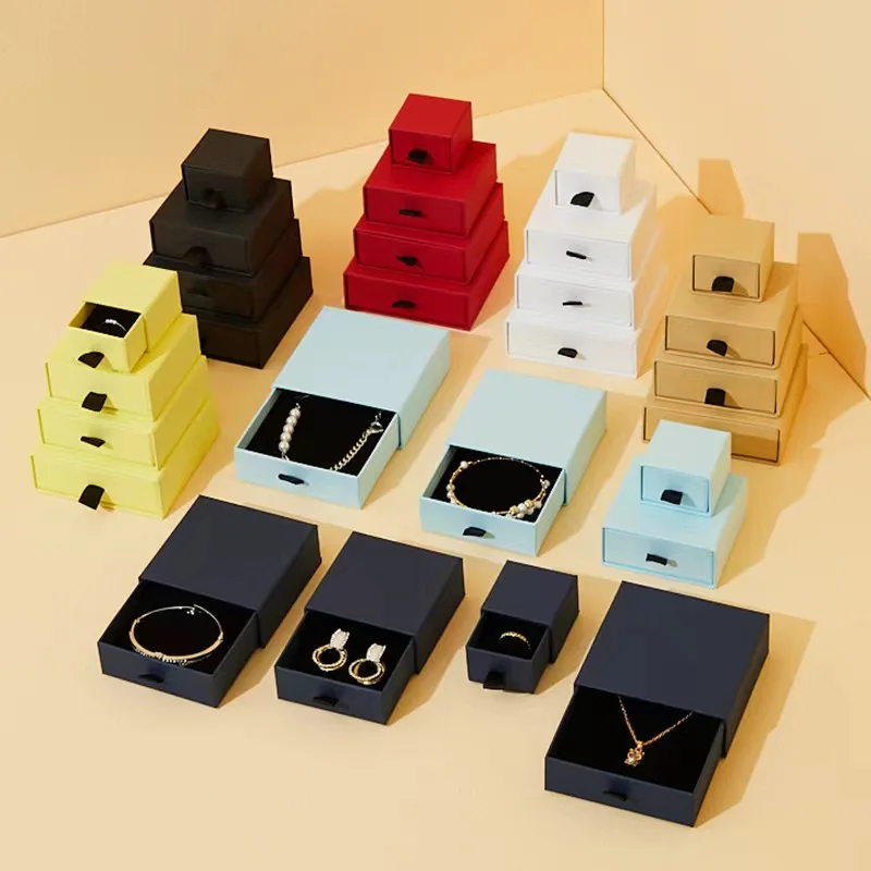 Custom Logo Cardboard Jewelry Gift Box Necklace Drawing Box Package Slide Drawer Paper Box with Black Foam for Jewelry Packaging