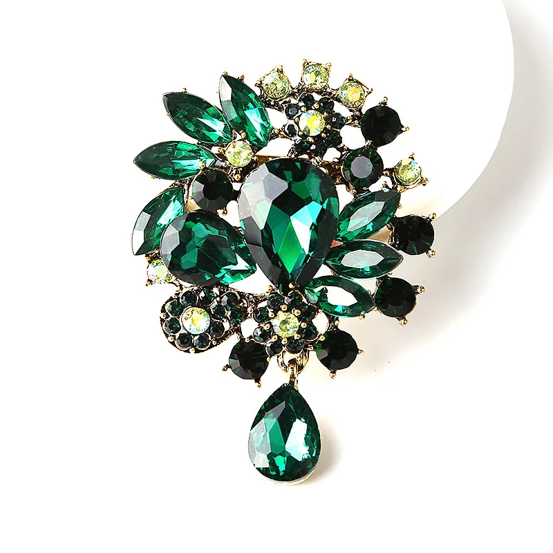 Custom Vintage Wedding Bride Big Blue Crystal Drop Colorful Flower Rhinestone Teardrop Brooch for Woman