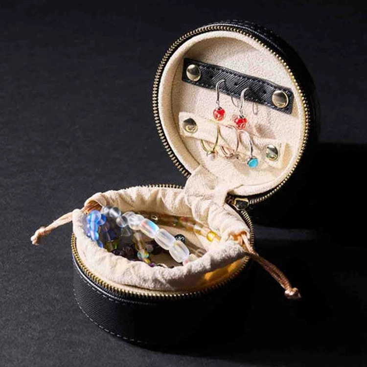 Women Storage Jewelry Box PU Round Travel Jewelry Case Small Leather Rings Studs Jewelry Case with Pouch inside