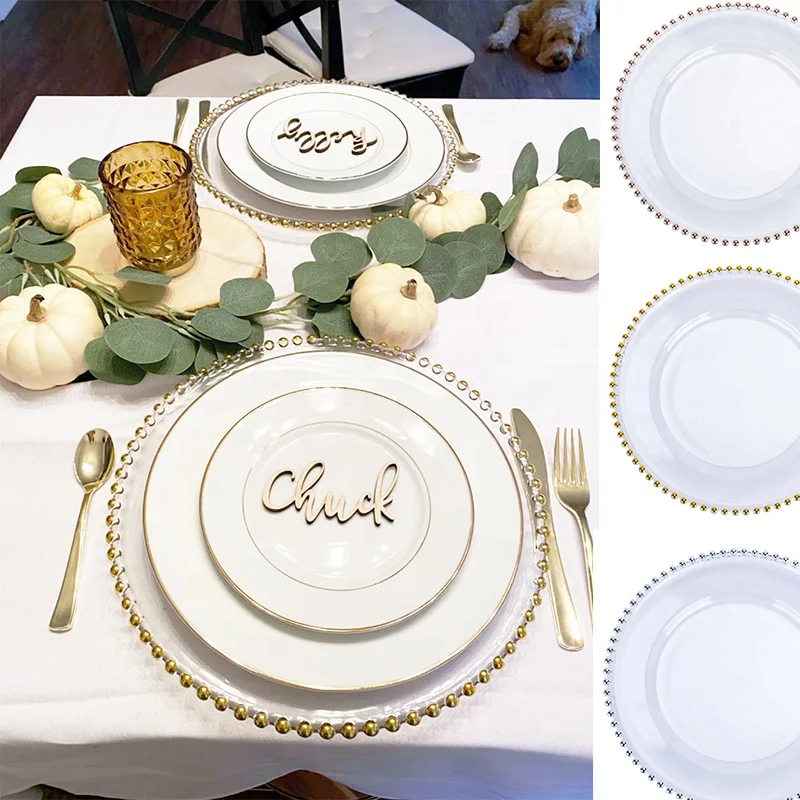 European 13 inch plastic acrylic charger plates gold beaded rim clear crystal charger plates