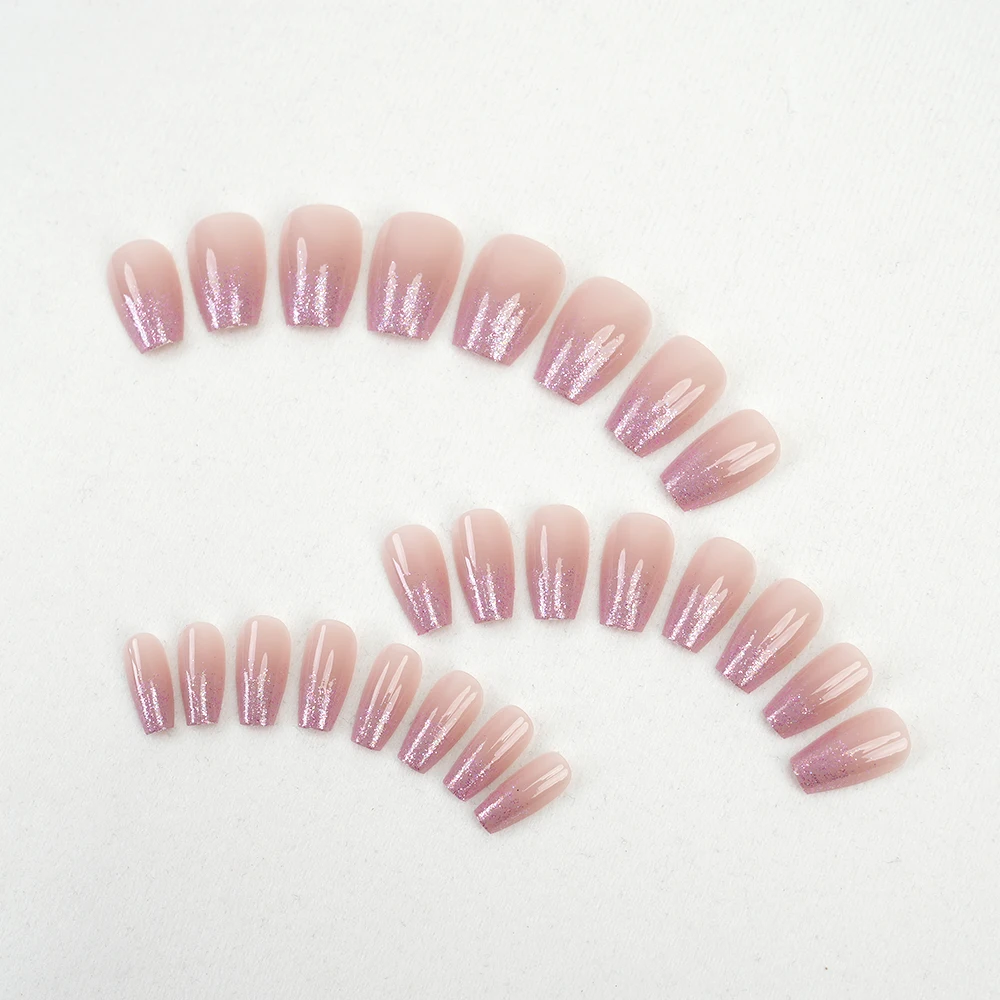 Cheap Price Press On Designer Nails Bulk Medium Coffin Artificial Acrylic Fingernail Tips Nude Pink Glitter Ombre Reusable Nails
