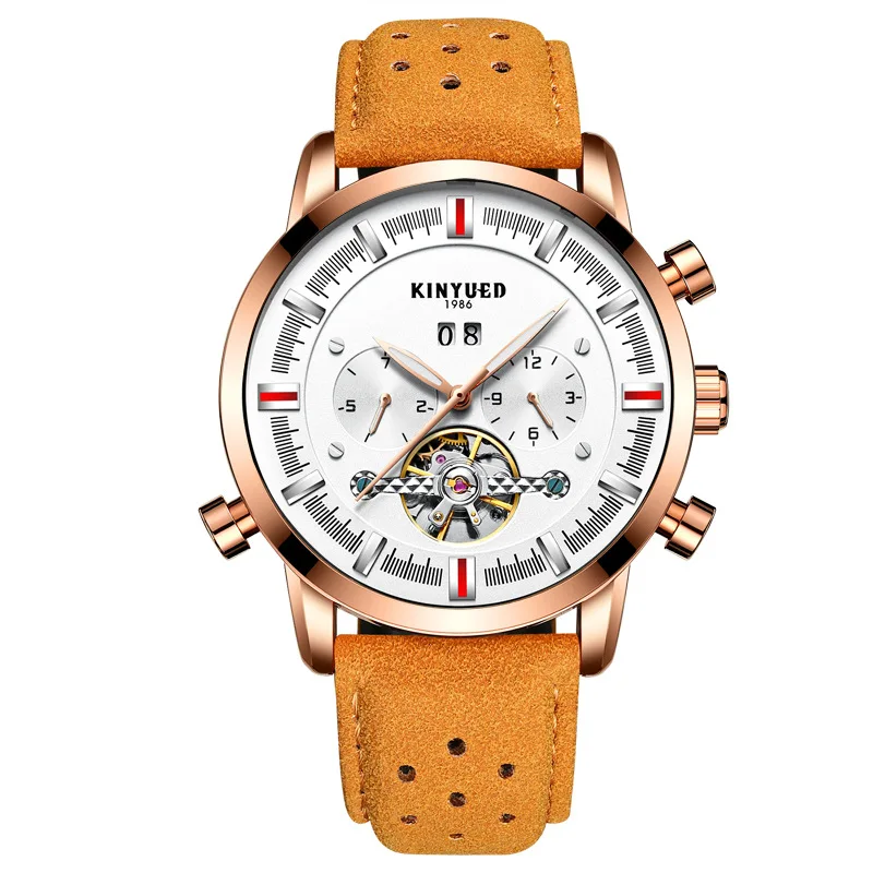 Brown Leather Strap Date Month Weekend Multifunctional Cheapest Automatic Watch Water Resistant Custom Automatic Chrono Watch