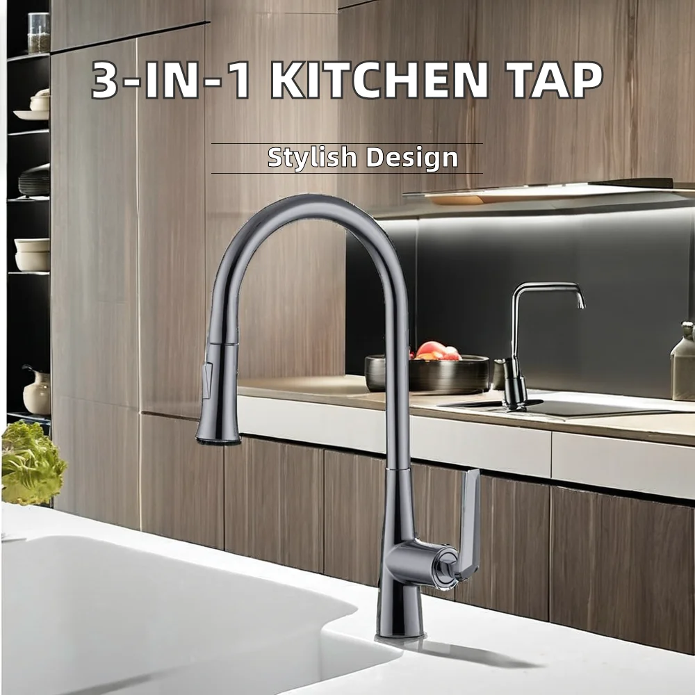 High Quality 360 Adjustable Modern Single Handle Pull-Down Kitchen Sink Faucet Brass Material Hot & Cold Water 1 Faucet