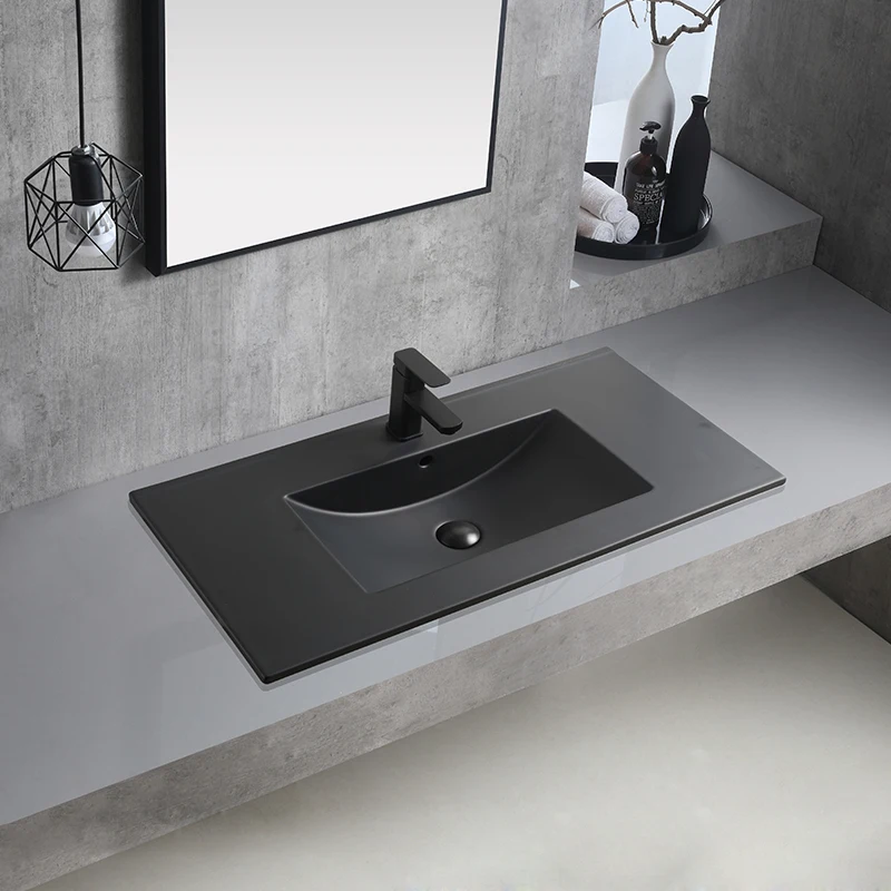 Luxury Modern Design Matte Black Bathroom Vanity Sink One Piece Thin Edge Porcelain Cabinet Square/Rectangular Hand Wash Basin