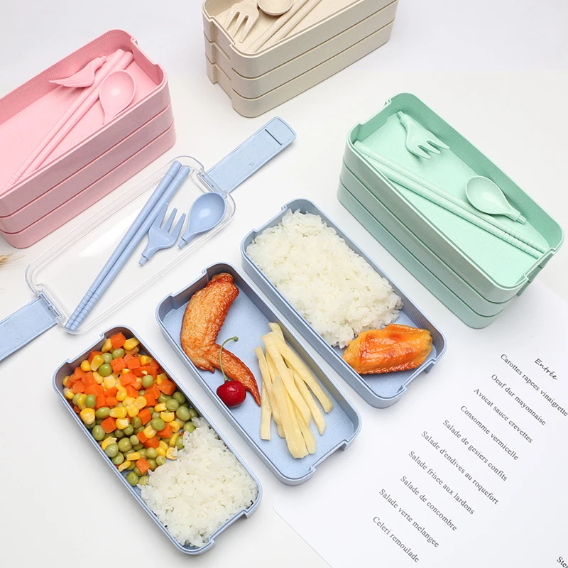 Amazon Hot Sell Wheat Straw Stackable 3 Layer Lunch Box Eco-Friendly Bento Box