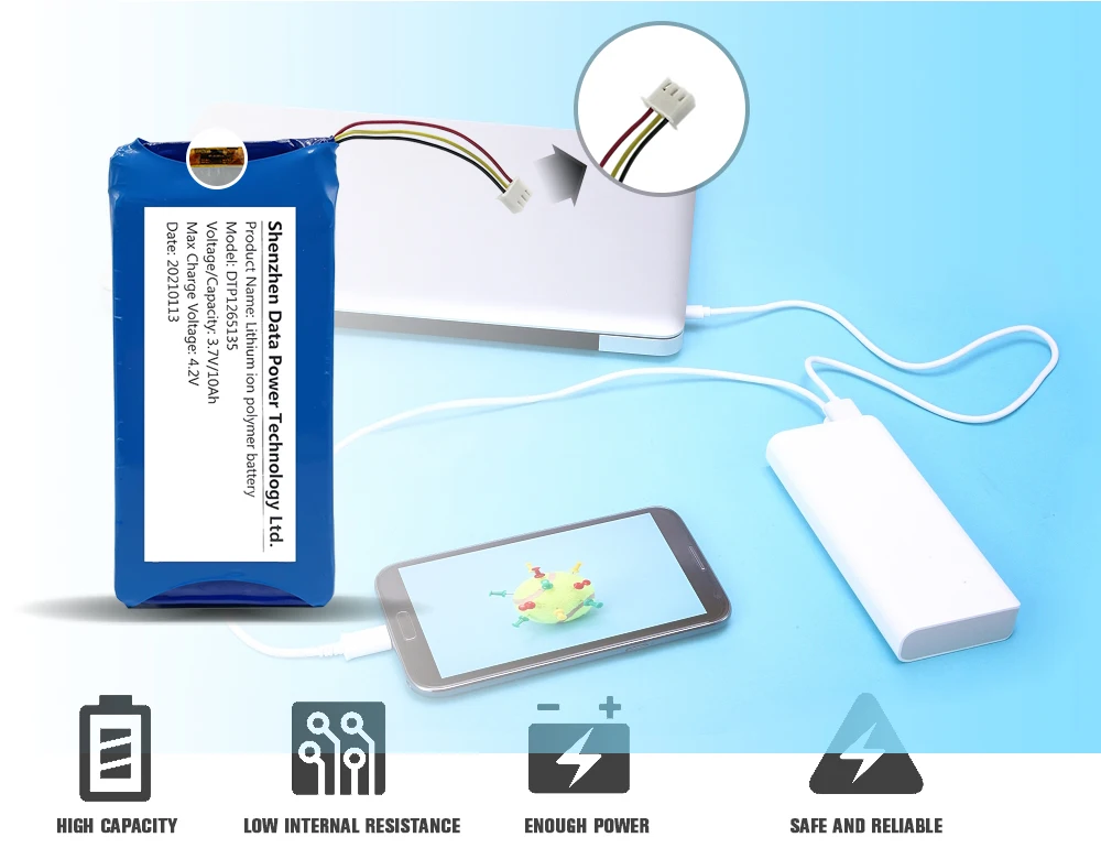 Rechargeable Lithium Polymer Battery 1265135 3.7v 10000mah 10Ah Lipo Battery