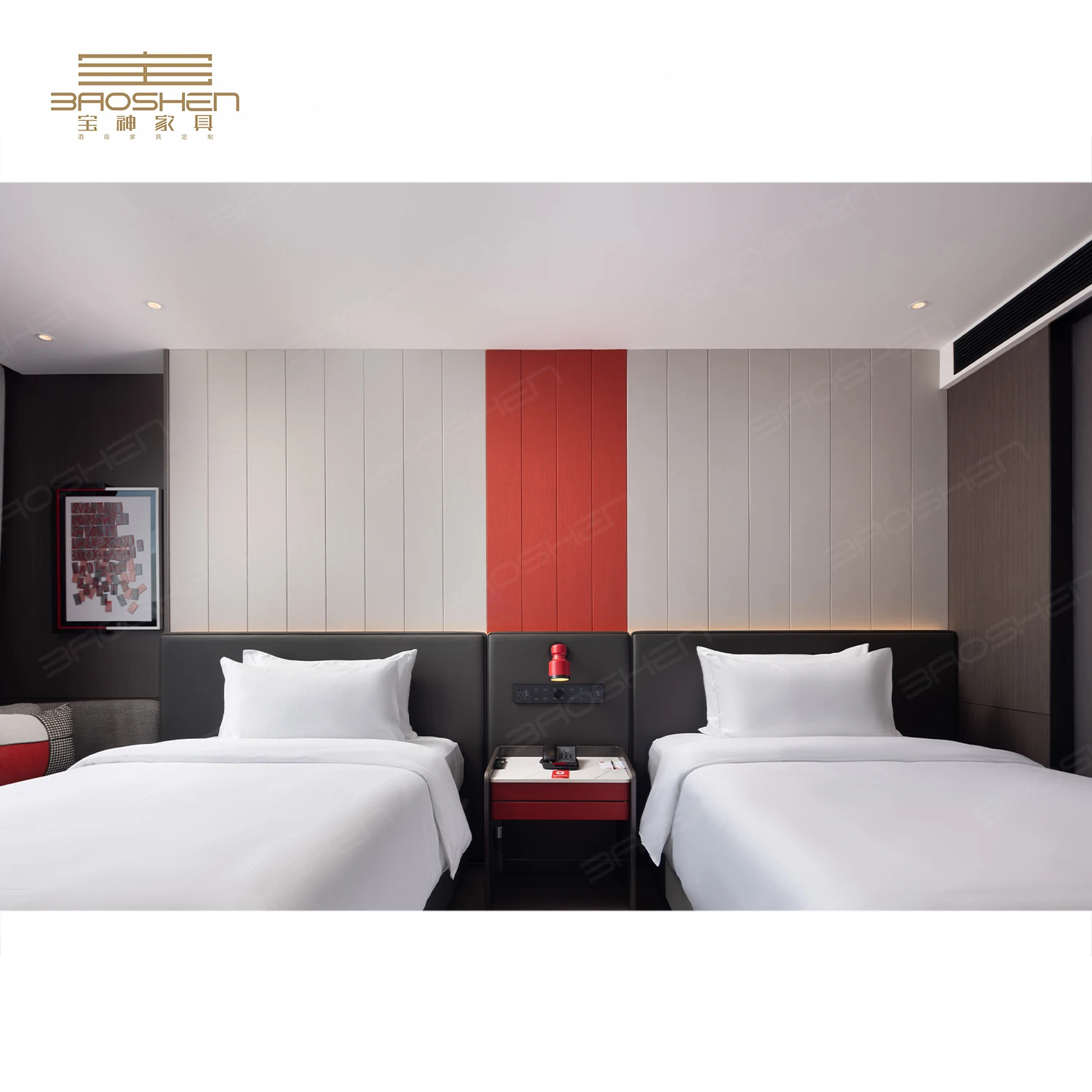 Solid Wood Hotel Room Furniture Paneling Bed Furniture Bedroom Set Wooden Top Wood Hotel Modern Panel Bedroom for 5 Star