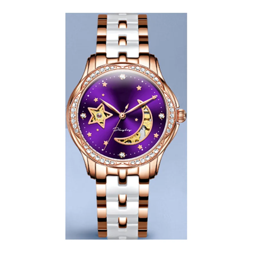 Luxury all stainless steel ceramic star-moon skeleton diamond lady mechanical watches