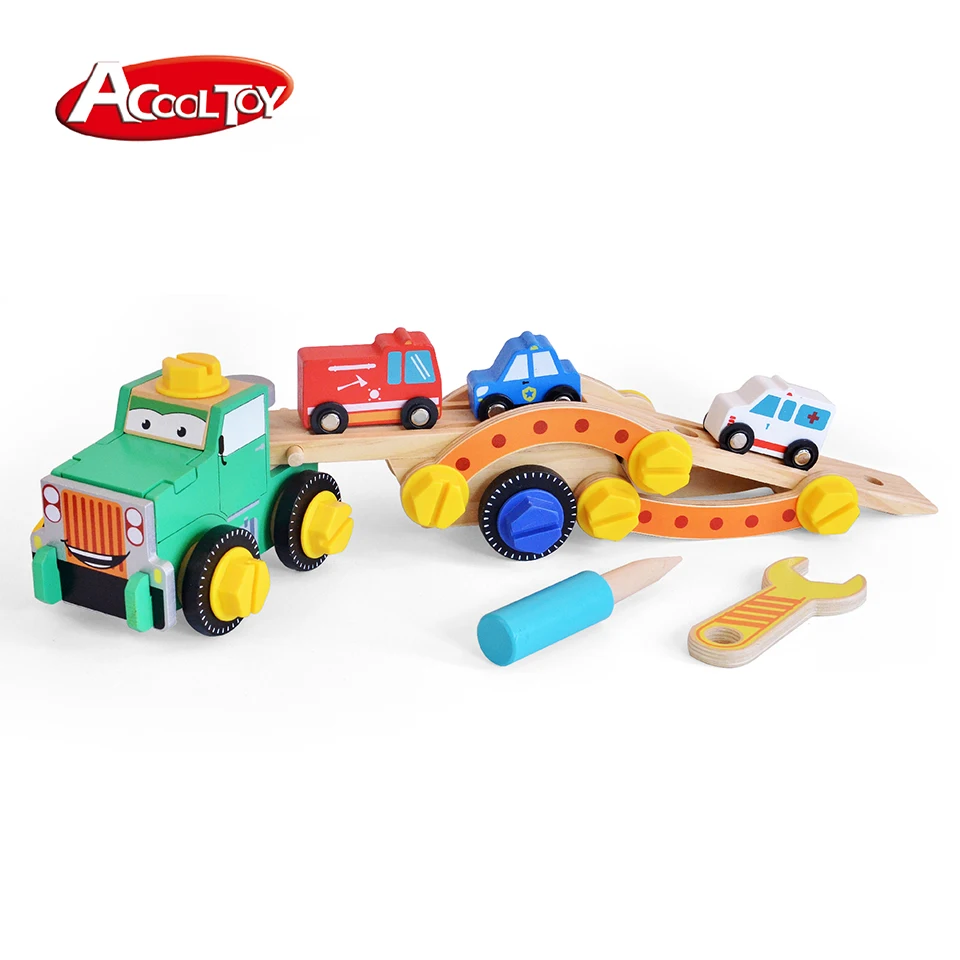 Wooden Carry Truck and 4 Cars Early Learning Vehicle Game Wooden Toy Car Set for Kids