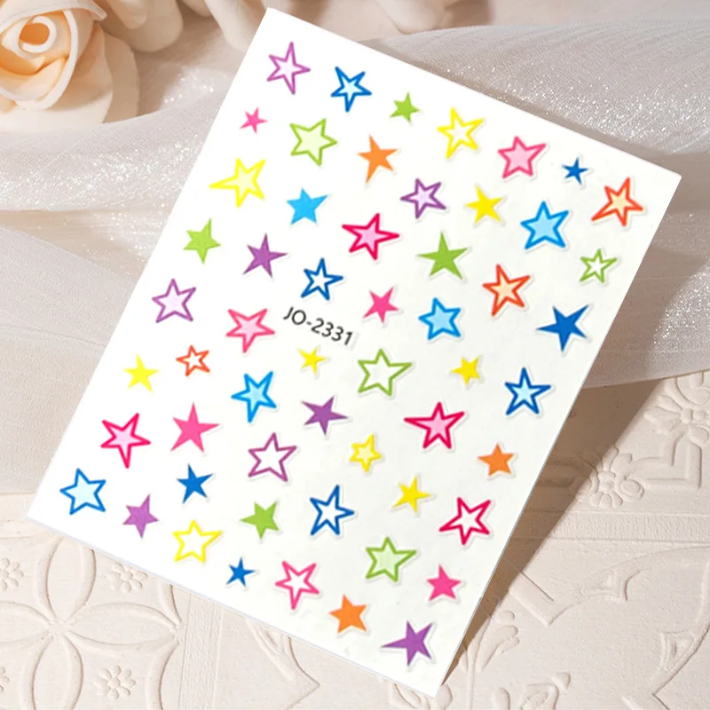 Colorful star nail stickers 3d decals hollow heart self adhesive sticker red blue five-pointed star nail stickers 2023