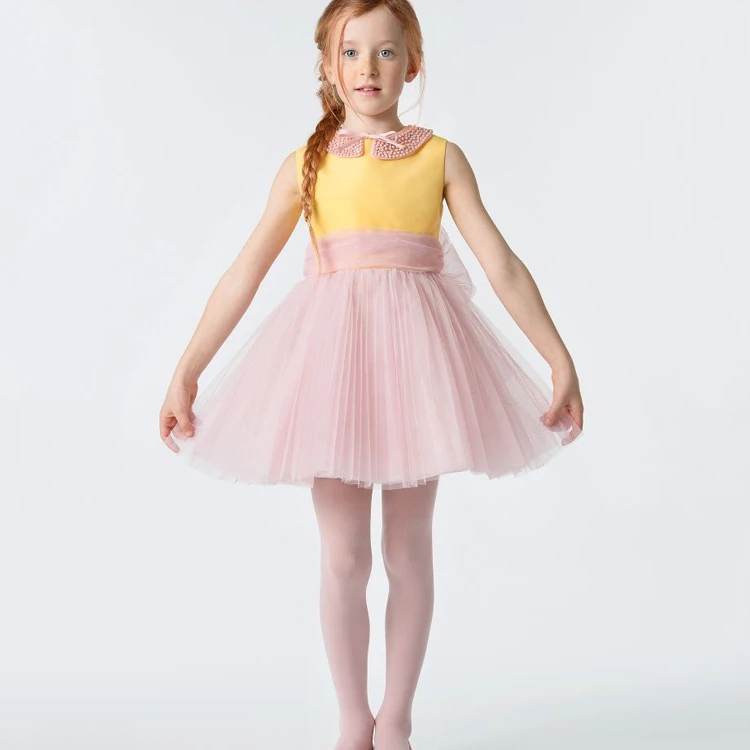Stylish high end new design baby girl dress sleeveless pink and yellow tulle party kids clothes girls dresses
