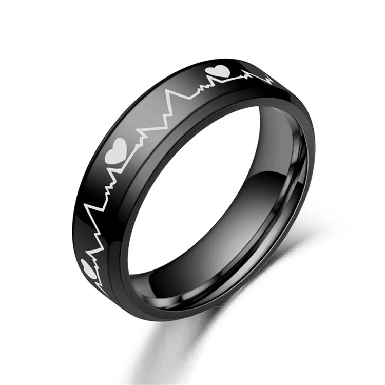 Personalized High Polishing Black Heartbeat ECG Design Rings for Men Wedding Gifts
