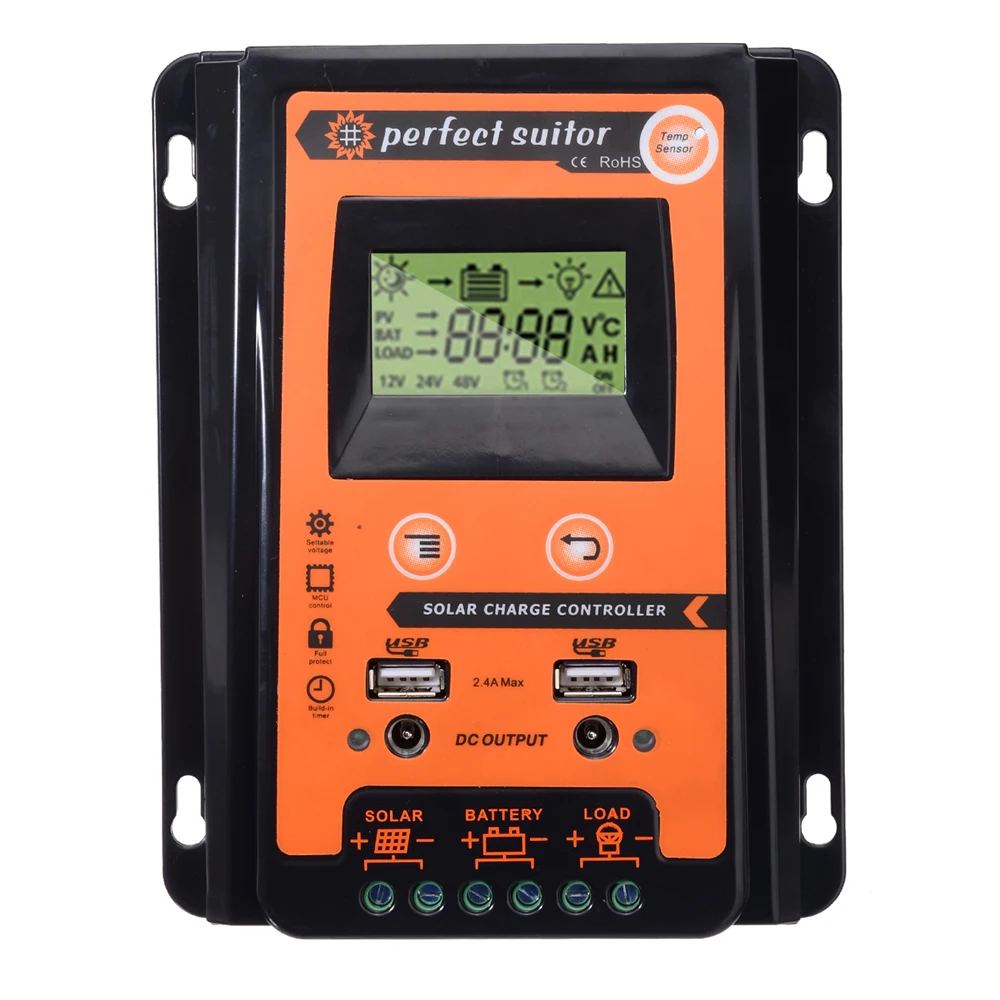 
AMPLEC 70 amp 12V 24V Intelligent PWM Solar Charge Controller with USB and DC output 