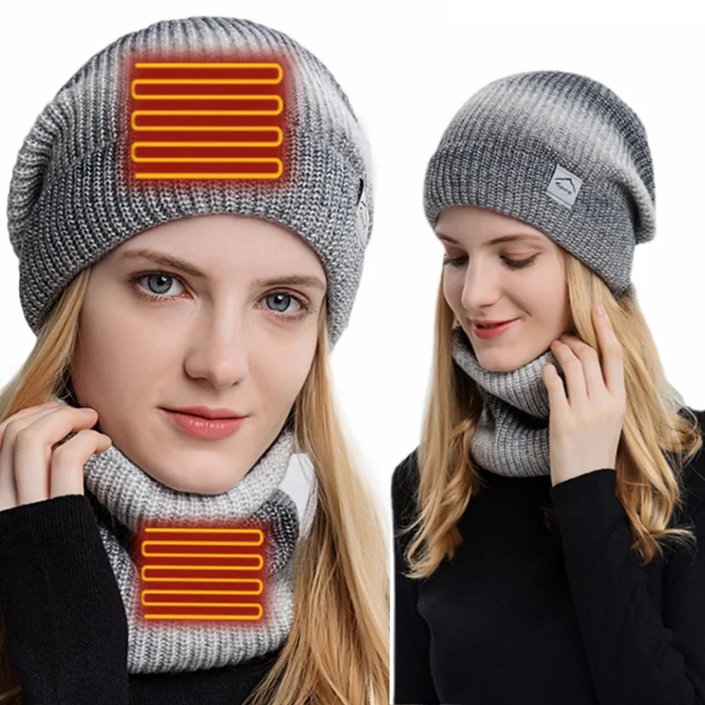 Soft Lined Knitted Winter Warm Ski Beanies USB Heated Hat and Scarf Set Neck Warmer for Men Women