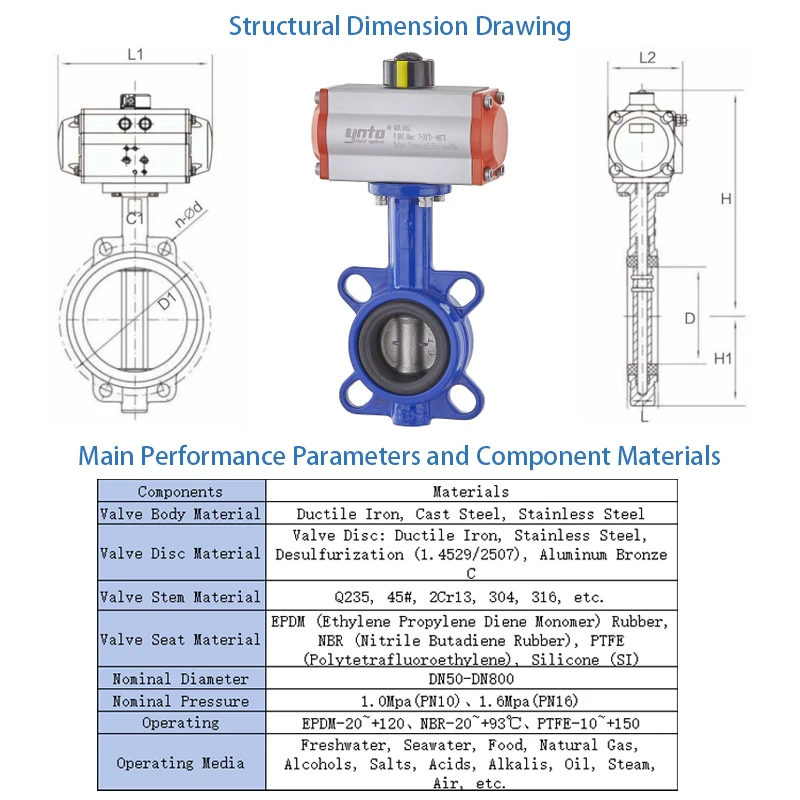 YNTO industrial 3 4 6 inch pneumatic actuator butterfly Valve Flow Control Ductile Iron SS wafer Butterfly Valve