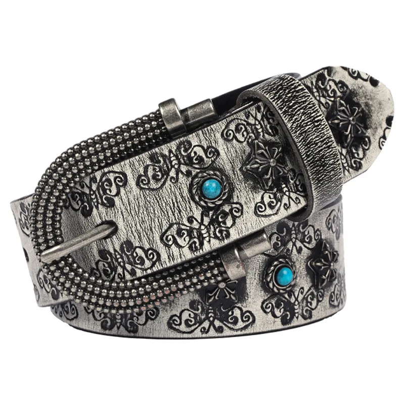 New vintage embossed rivet Turquoise inlaid high-grade ethnic style personalized decoration versatile belt